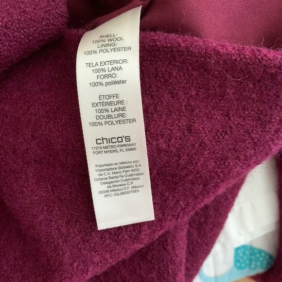 Chico's Boiled Wool Jacket 1 M Medium Burgundy Red Mock Neck Epaulettes Zipper - Picture 11 of 12